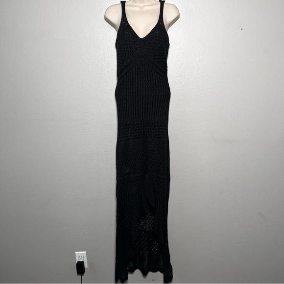 Women Crochet‎ Knit Maxi Dress Small Black Boho Beach Summer Fishtail Hem Grunge - Picture 1 of 8